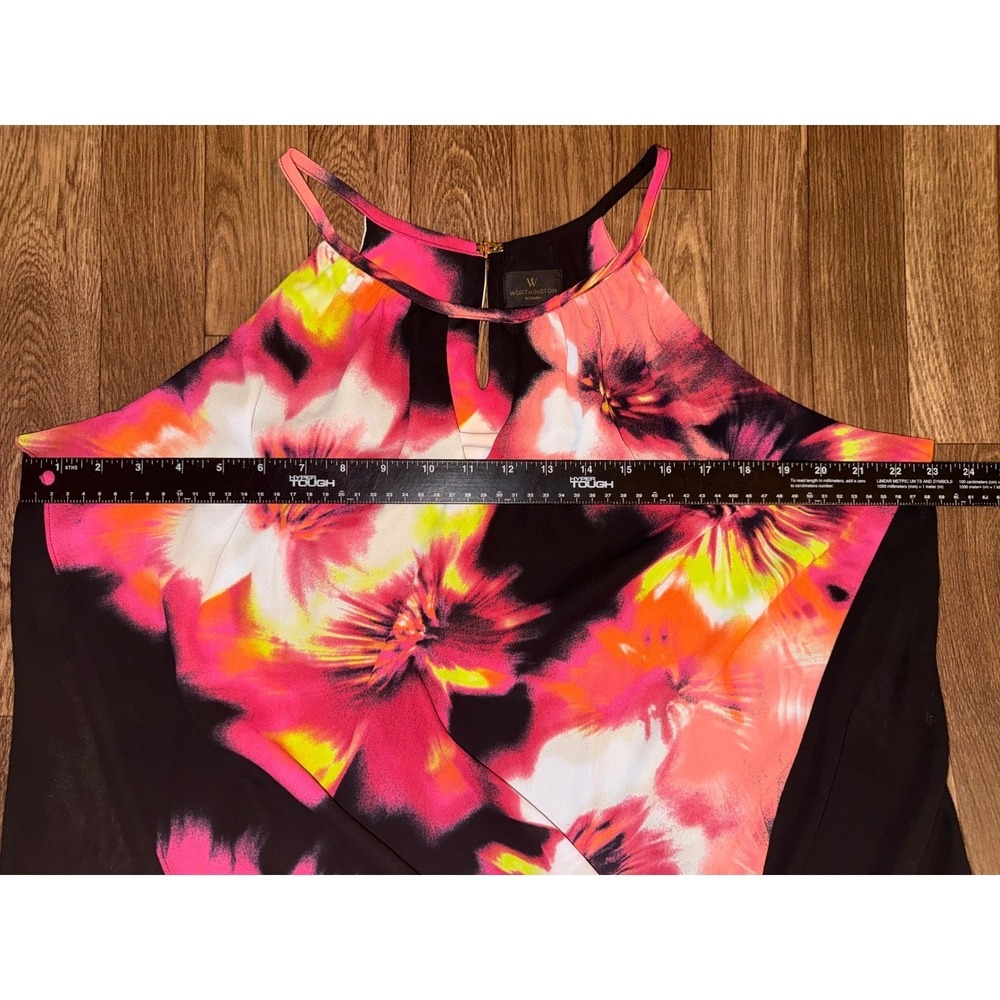 Worthington Woman 1X Floral Halter Top Pink Orange Black Asymmetrical Hem Blouse - Picture 5 of 6